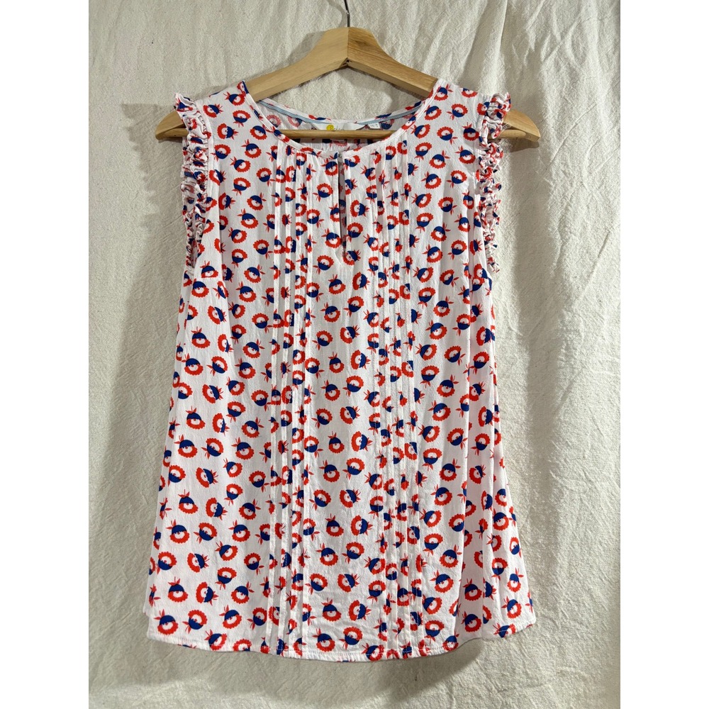Boden Womens Red Blue Floral Pintuck Ruffle Sleeveless Blouse Top Twee US 4